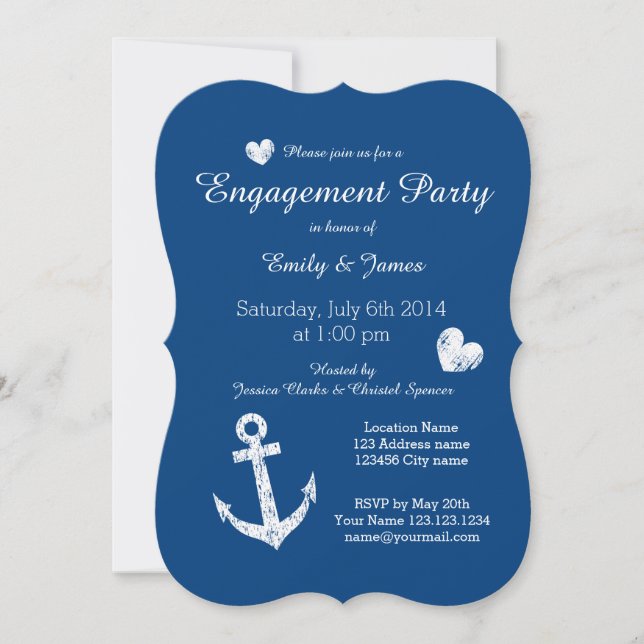 Nautical navy blue engagement party invitations (Front)