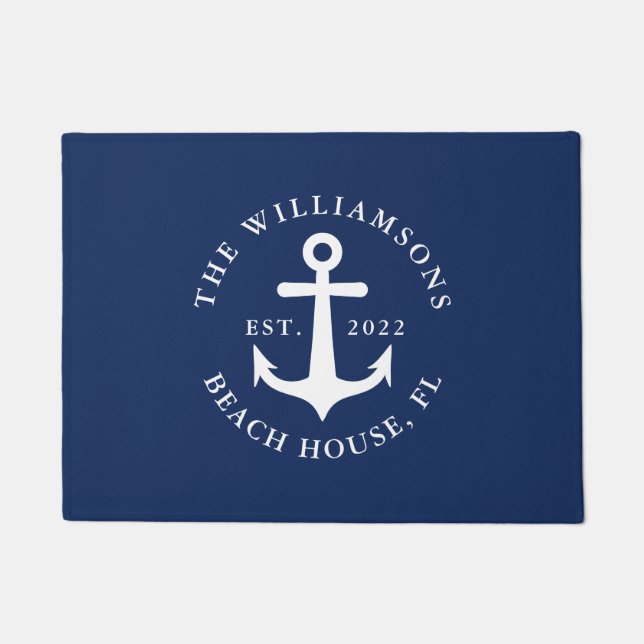 Nautical Navy Blue Family Name Anchor Beach House Doormat (Front)