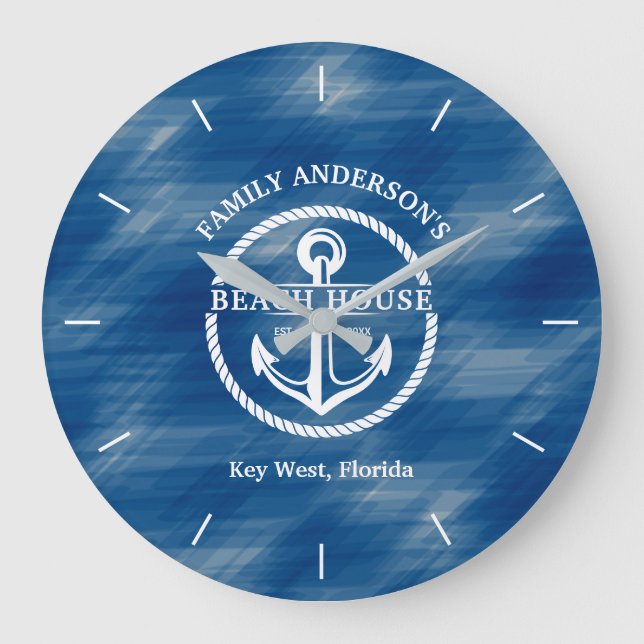 Nautical Navy Blue Family Name Anchor Beach House Large Clock (Front)