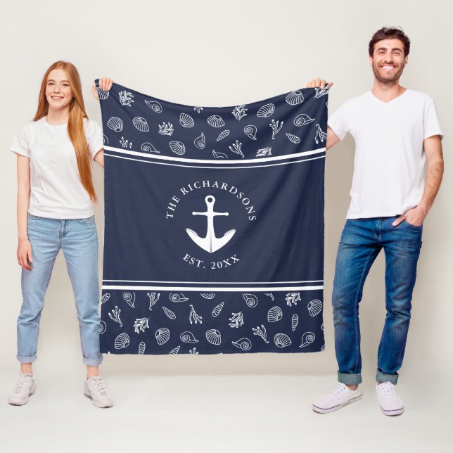 Nautical Navy Blue Family Name Anchor Fleece Blanket (In Situ)