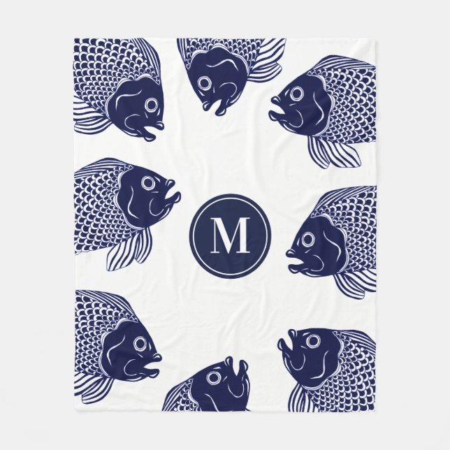 Nautical Navy Blue Fish Head | Personalised Fleece Blanket (Front)