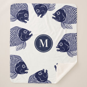 Nautical Navy Blue Fish Heads Monogram Sherpa Blanket