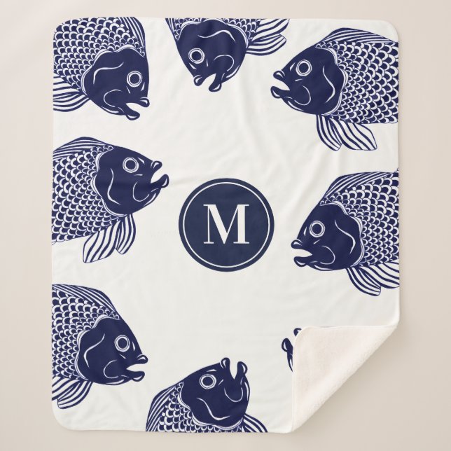 Nautical Navy Blue Fish Heads | Monogram Sherpa Blanket (Front)