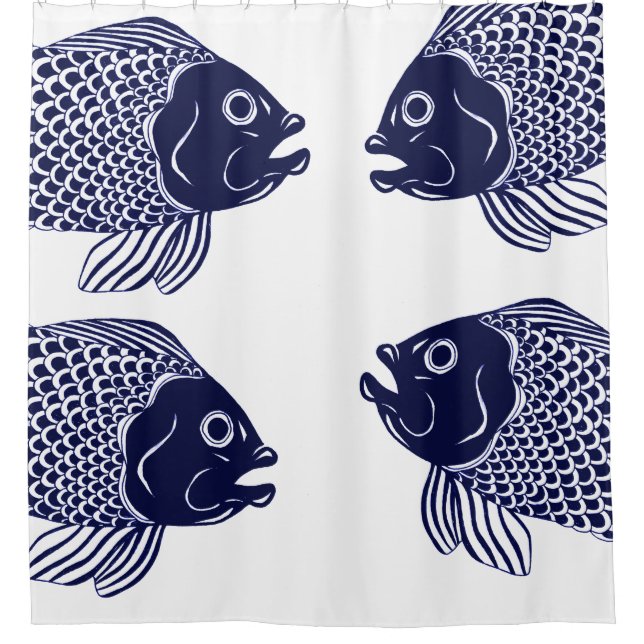 Nautical Navy Blue Fish Heads & White Shower Curtain (Front)
