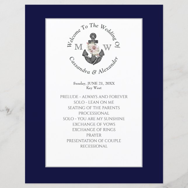 Nautical Navy Blue Floral Anchor wedding Program (Front)