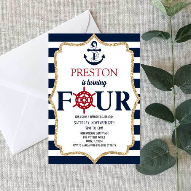 Nautical Navy Blue Four 4th Fourth Birthday Party Invitation (Creator Uploaded)