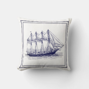 Nautical Navy Blue Frame & Vintage Schooner Ship Cushion