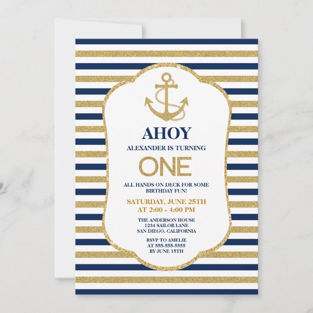 Nautical Navy Blue Gold Anchor Birthday Party Invitation (Front)