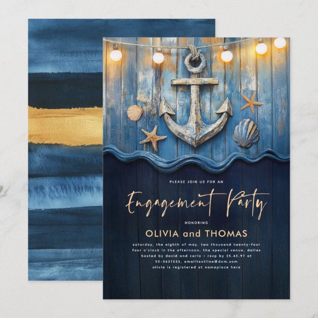 Nautical Navy Blue & Gold Anchor Engagement Party Invitation (Front/Back)