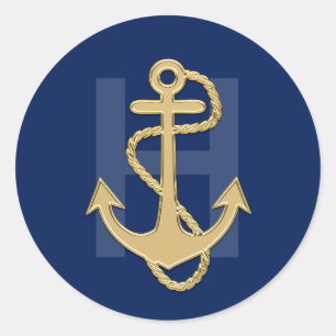 Nautical Navy Blue Gold Anchor MONOGRAM Wedding Classic Round Sticker