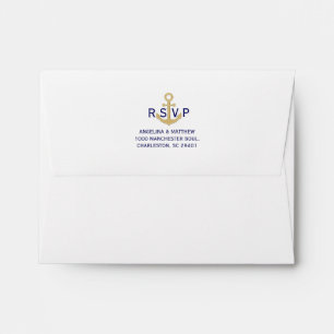 Nautical Navy Blue Gold Anchor RSVP Wedding Envelope