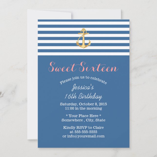 Nautical Navy Blue Gold Anchor Sweet 16 Invitation (Front)
