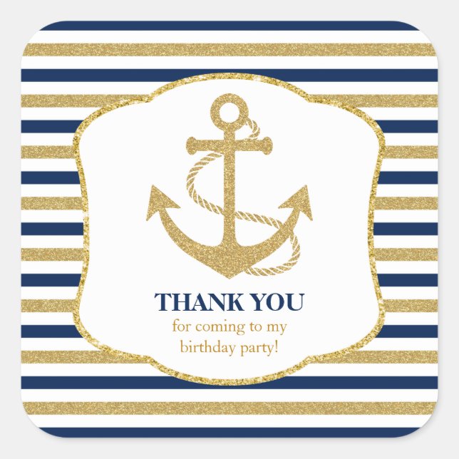 Nautical Navy Blue Gold Anchor Thank You Square Sticker (Front)