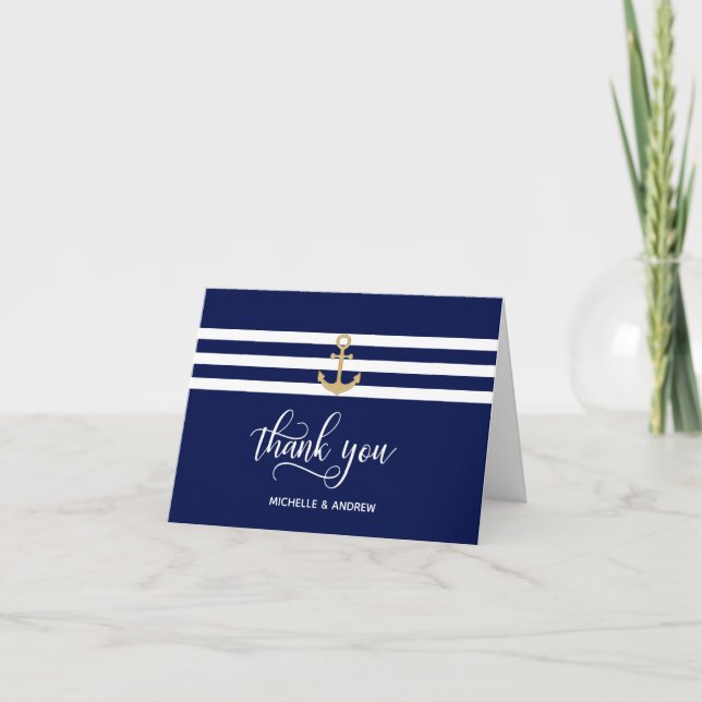 Nautical Navy Blue Gold Anchor Thank You Wedding Card (Front)