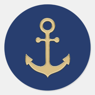 Nautical Navy Blue Gold Anchor Wedding Shower Classic Round Sticker