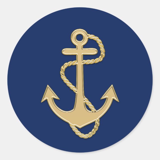 Nautical Navy Blue Gold Anchor Wedding Shower Classic Round Sticker (Front)