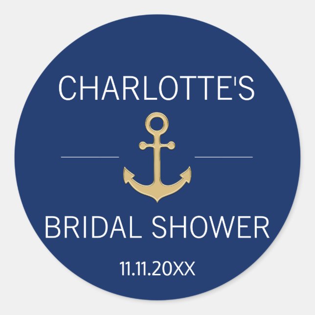 Nautical Navy Blue Gold Anchor White BRIDAL SHOWER Classic Round Sticker (Front)