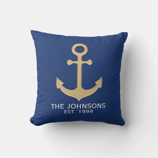 Nautical Navy Blue Gold Anchor White Family Cushion (Front)