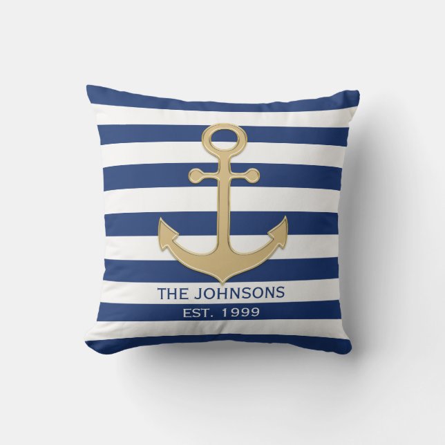 Nautical Navy Blue Gold Anchor White Stripes Cushion (Front)