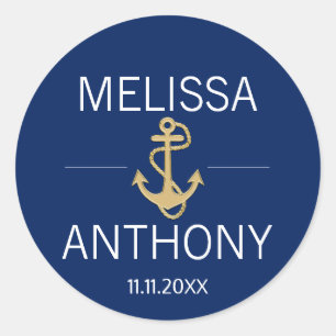 Nautical Navy Blue Gold Anchor White Wedding Classic Round Sticker