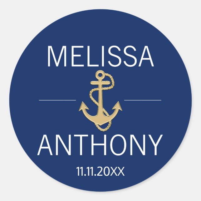 Nautical Navy Blue Gold Anchor White Wedding Classic Round Sticker (Front)