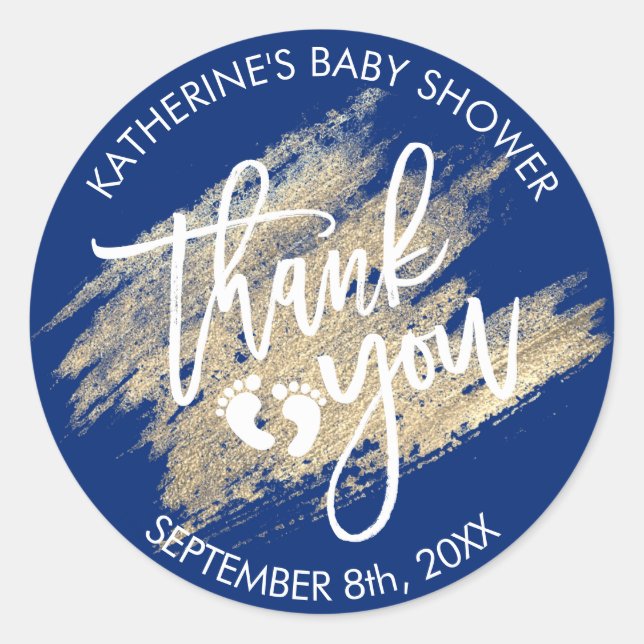 Nautical Navy Blue Gold Brush Stroke Baby Shower Classic Round Sticker (Front)