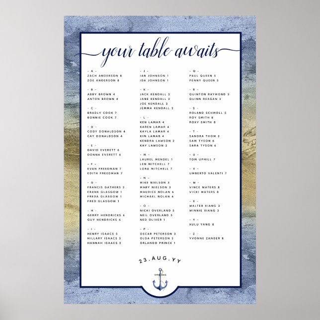 #Nautical Navy Blue & Gold Seating Chart (Front)