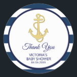 Nautical Navy Blue Gold Stripes Anchor Baby Shower Classic Round Sticker<br><div class="desc">Personalised / customised nautical baby shower stickers/ labels for your gift favours.  Anchor with rope and navy blue and white stripes with gold foil circle.  Give your baby sprinkle favours a touch of elegance!  Perfect for any boy or girl shower party; bridal shower,  or wedding</div>