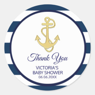 Nautical Navy Blue Gold Stripes Anchor Baby Shower Classic Round Sticker