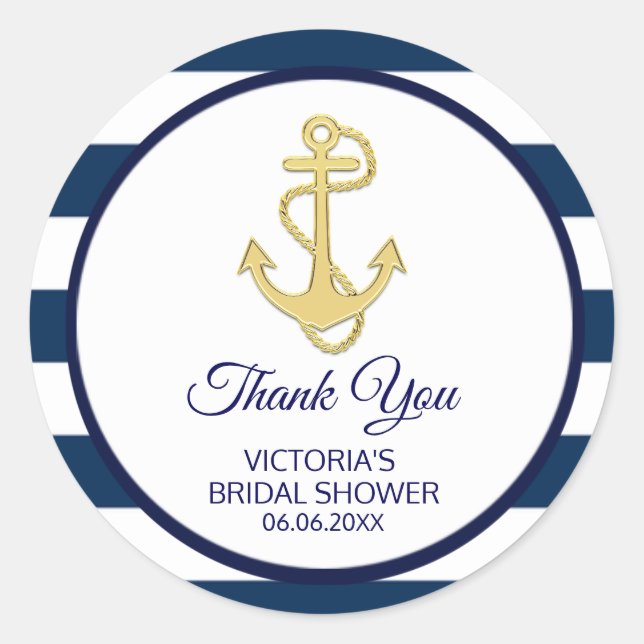 Nautical Navy Blue Gold Stripes  BRIDAL Shower Classic Round Sticker (Front)