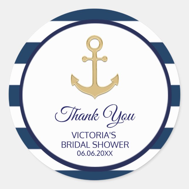 Nautical Navy Blue Gold Stripes  BRIDAL Shower Classic Round Sticker (Front)