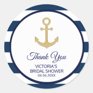 Nautical Navy Blue Gold Stripes  BRIDAL Shower Classic Round Sticker