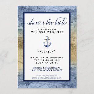 Nautical Navy Blue & Gold Watercolor Bridal Shower Invitation