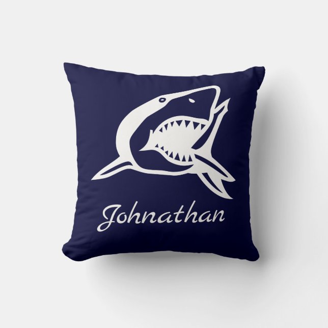 Nautical Navy Blue  Great White shark  Name Ocean Cushion (Front)