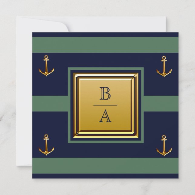 Nautical Navy Blue Green Stripes Anchor Wedding Invitation (Front)