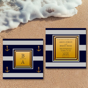 Nautical Navy Blue Grey Stripes Anchor Wedding Inv Invitation