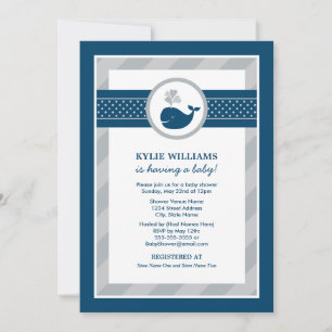 Nautical Navy Blue Grey Whale Boy Baby Shower Invitation