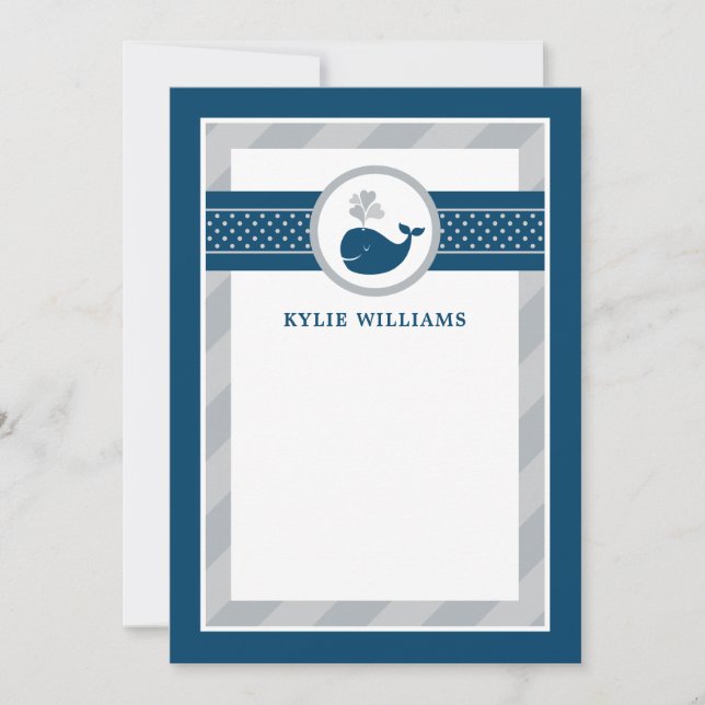 Nautical Navy Blue Grey Whale Personalised Note Ca Card (Front)