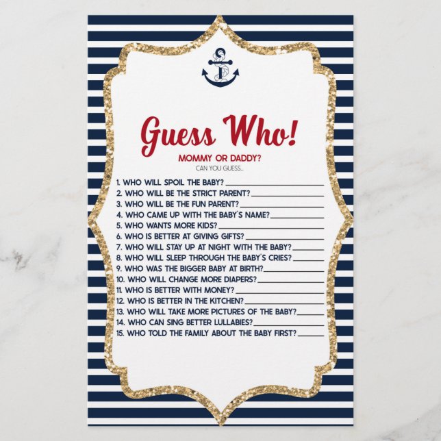 Nautical Navy Blue Guess Who! Baby Shower Game  Stationery (Front)