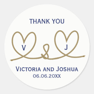 Nautical Navy Blue Hearts Rope Cord Wedding Classic Round Sticker