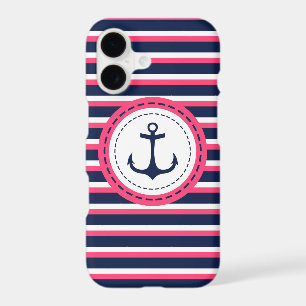 Nautical Navy Blue Hot Pink Stripes Anchor Design