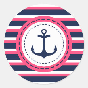 Nautical Navy Blue Hot Pink Stripes Anchor Design Classic Round Sticker