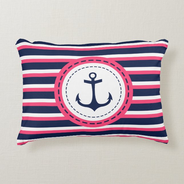 Nautical Navy Blue Hot Pink Stripes Anchor Design Decorative Cushion (Front)