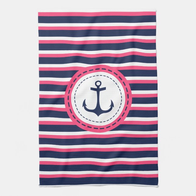 Nautical Navy Blue Hot Pink Stripes Anchor Design Tea Towel (Vertical)