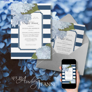 Nautical Navy Blue Hydrangea Modern Bridal Shower Invitation