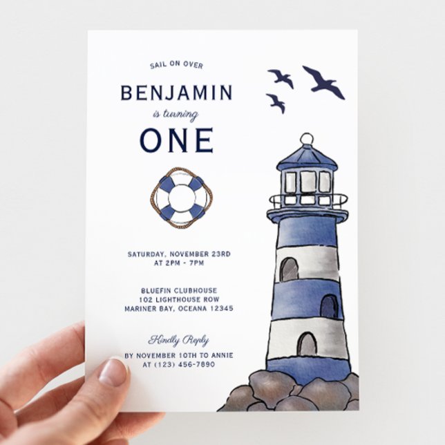 Nautical Navy Blue Lighthouse Costal 1st Birthday Invitation (Creator Uploaded)