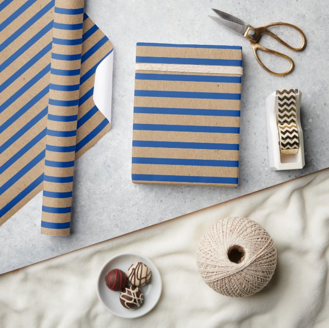 Nautical Navy Blue Lines Faux Rustic Brown Kraft Wrapping Paper (Crafts)