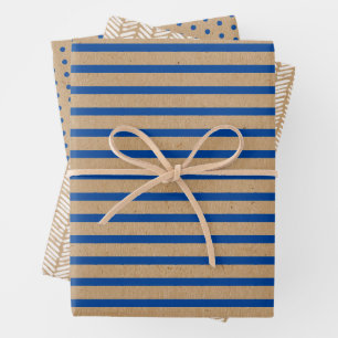 Nautical Navy Blue Lines Faux Rustic Brown Kraft Wrapping Paper Sheet