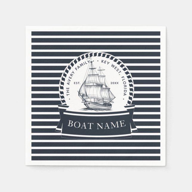 Nautical Navy Blue Modern Personalised Napkin (Front)