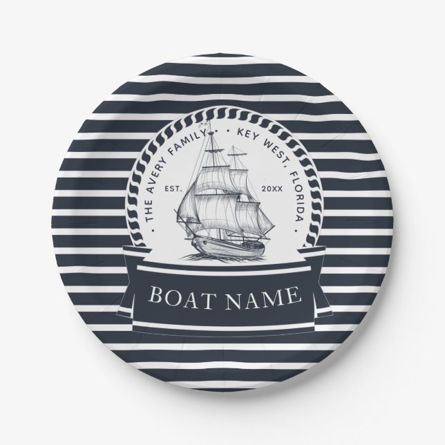 Nautical Navy Blue Modern Personalised Paper Plate (Front)